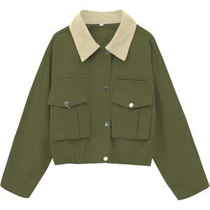 Women Army green Cropped Utility Cargo Coat Contrast Collar Barn Outwear